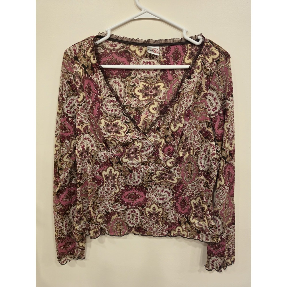 Y2K Studio Y 1XL Paisley Sheer Mesh Top Boho Ruffle V Neck Lettuce Trim